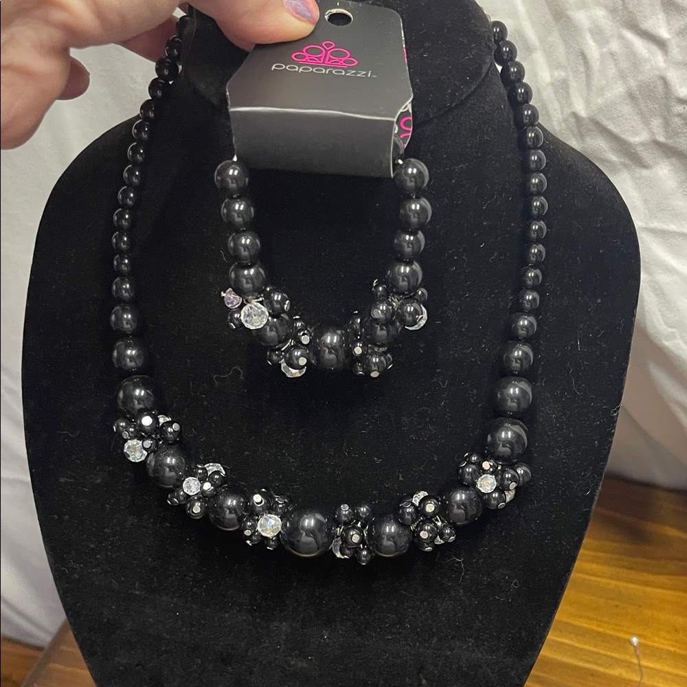 Paparazzi Black/Rhinestone Beaded Necklace And Stretchy Bracelet